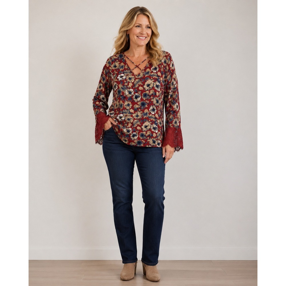 Entro Tunic Blouse Womens Medium Red Floral Print Lined Lace Bell Sleeves Rayon
